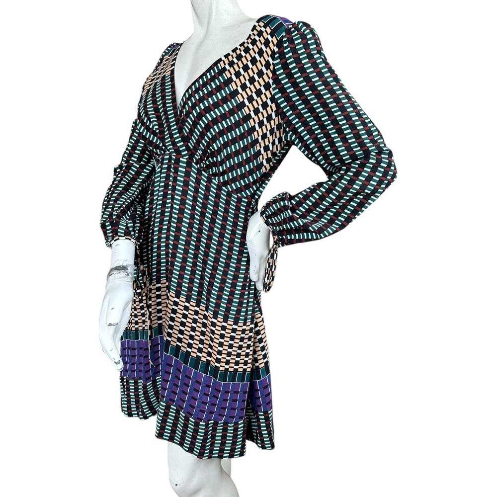 Anthropologie Maeve “Gianna” Geometric Multicolor Retro Faux Wrap Dress 4 Petite - Picture 6 of 9